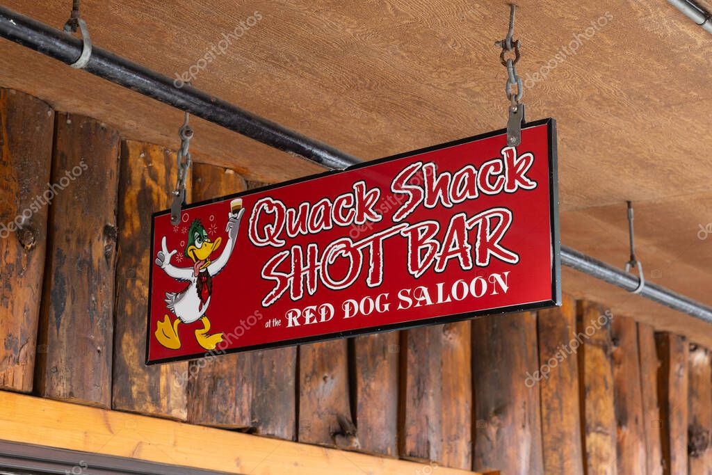 Juneau, AK, USA - June 3, 2025: The Red Dog Saloon is a locals and tourists favorite bar and restaurant located in downtown Juneau. Theyre famously known for their Duck Fart shot.