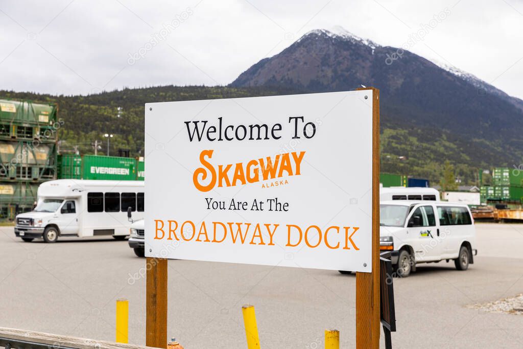 Skagway, AK, USA - June 2, 2025: The Welcome to Skagway sign as guests are entering the city. This is a popular cruise port for guests doing an Alaskan cruise.