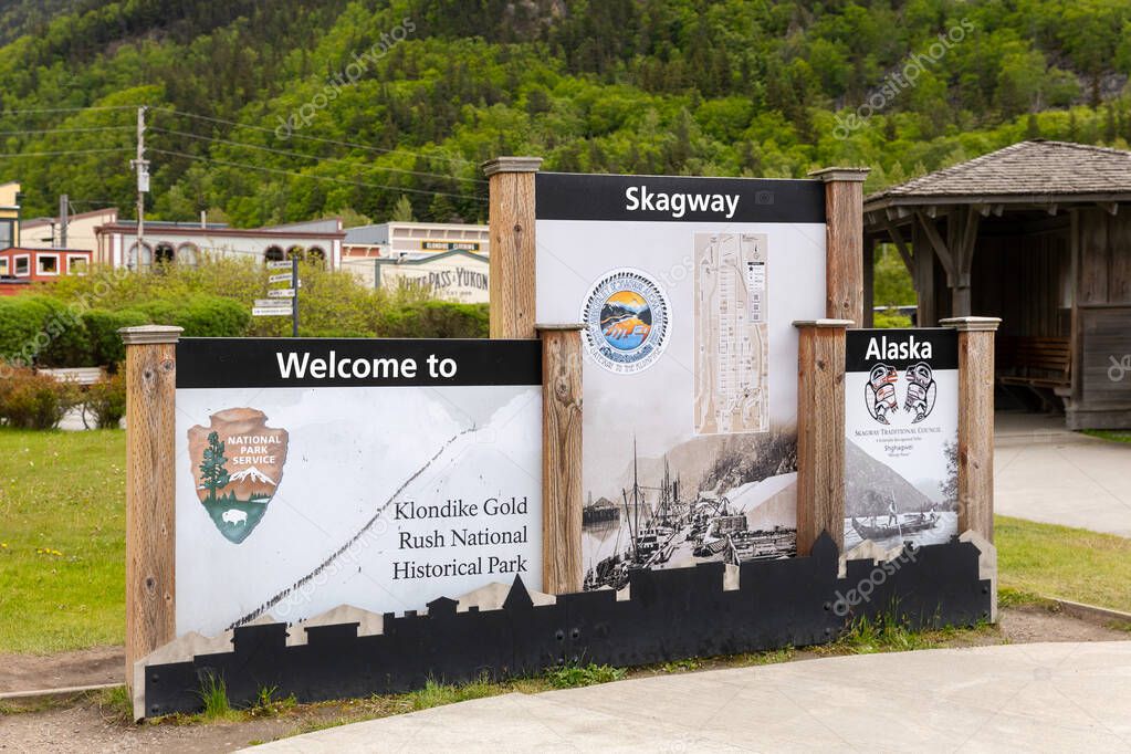 Skagway, AK, USA - June 2, 2025: The Welcome to Skagway sign as guests are entering the city. This is a popular cruise port for guests doing an Alaskan cruise.