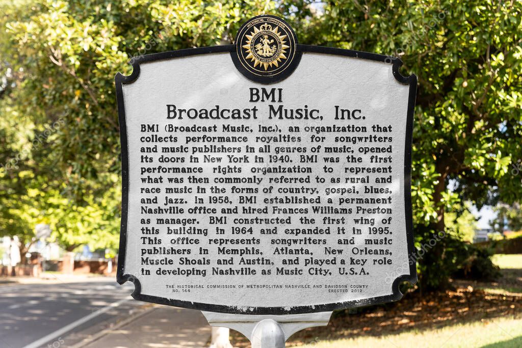 Nashville, TN, USA - September 29, 2025: BMI, or Broadcast Music Inc, is a performing rights organization for musicians handling publishing rights and royalties.