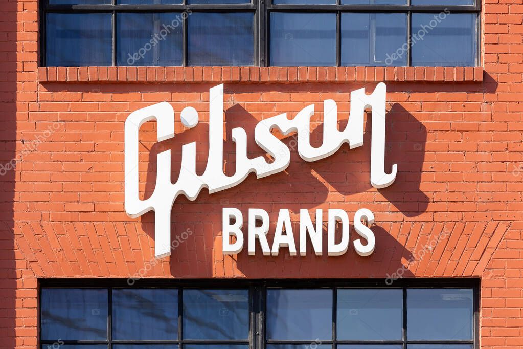 Nashville, TN, USA - September 29, 2025: The Gibson Brands headquarters is located in downtown Nashville with their Gibson Garage offers an exclusive guitar experience.