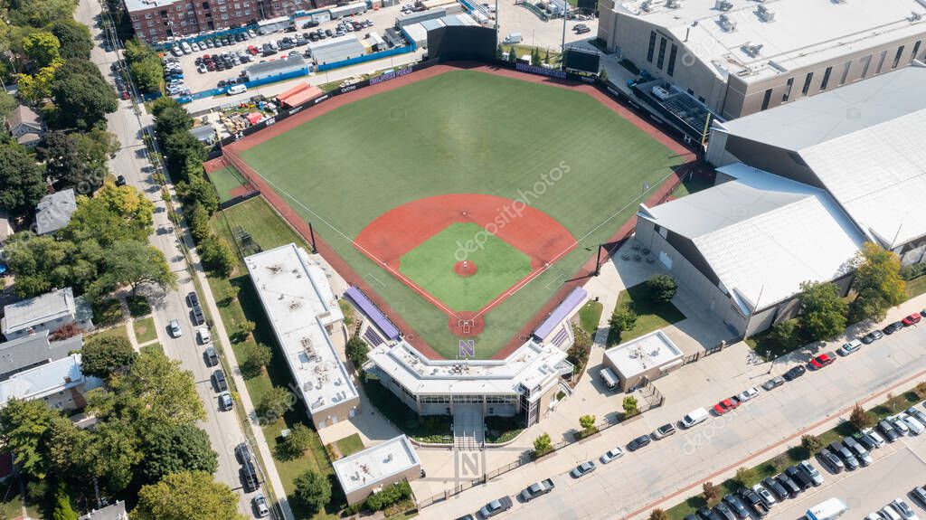 Evanston, IL, USA - September 18, 2025: Rocky and Berenice Miller Park is home to the Northwestern University Wildcats baseball team. Aerial view.
