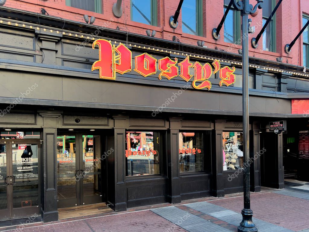 Nashville, TN, USA - September 28, 2025: Postys Nashville is the newest bar to Broadway by Post Malone. The bar featured an area with a live stage and a bar and grill featuring sports.