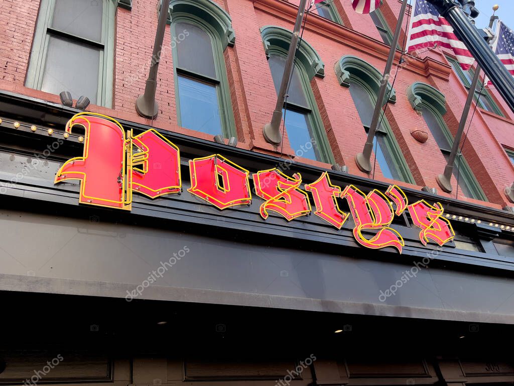 Nashville, TN, USA - September 28, 2025: Postys Nashville is the newest bar to Broadway by Post Malone. The bar featured an area with a live stage and a bar and grill featuring sports.