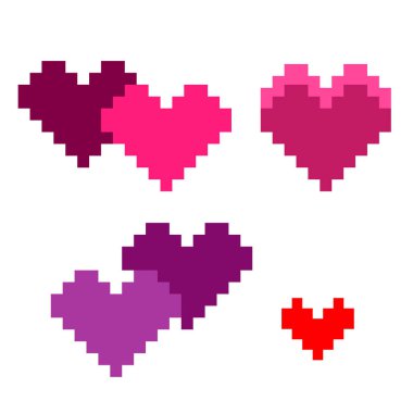 Pixel hearts. Set. Mothers, Valentines, and Womens, Wedding Day concept. Vector illustration