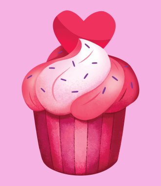 Valentines day pink cupcake with heart on it vector illustration and clipart