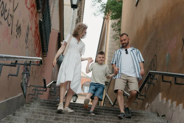 Full Length Photo Family Which Going Stairs Old European Town — Stock Photo, Image