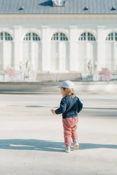 一个戴着帽子的女蹒跚学步的小女孩 背对着欧洲宫殿的院子 全身都是天鹅绒 一个女婴走到喷泉前 免版税图库照片