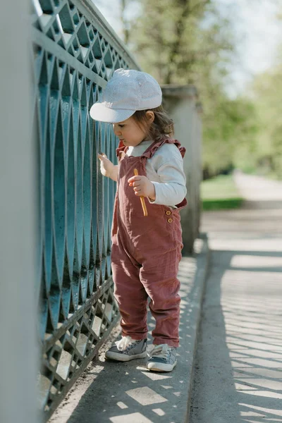 一个女幼儿在靠近花园桥篱笆的地方吃香肠 一个戴帽子的小女孩 全身都是天鹅绒 凝视着公园的侧边 免版税图库图片