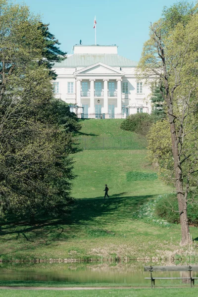 春天的时候 公园中央的山上有一座经典的白色建筑 早上在湖上的政府大楼建筑中的古典主义 图库图片