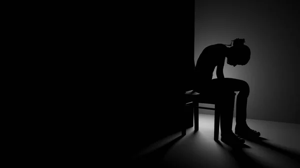 暗い部屋で椅子に座っている3Dガール うつ病や不安の概念イラスト — ストック写真