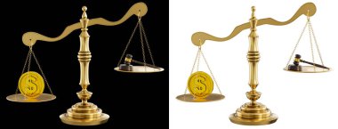 3D Gold Brass Balance Scale, With Golden Coin Weighting more than Judge Gavel and Mallet, Injustice Concept Isolated on Black and White Background With Clipping Path