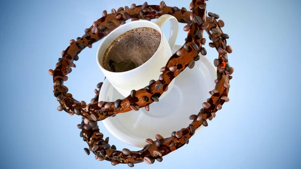 Плавающий Кофе Чашки Блюдце Изолированные Голубой Градиент Фоне Окруженный Жидкой — стоковое фото