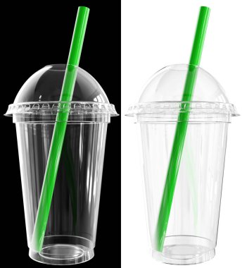 3B Boş Kullanılabilir Plastik Kupa Siyah ve Beyaz Arkaplanda Kırpma Yolu ile izole edilmiş Ev Lid ve Saman