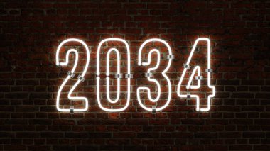 3D 2034 Mutlu Yıllar Neon Işığı Titreşiyor Tuğla Duvarın Arkasında Parlıyor