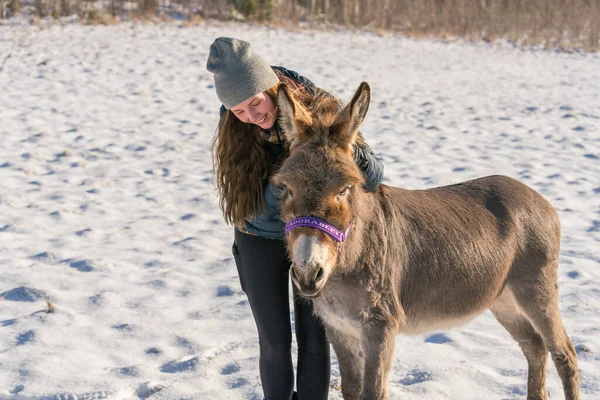Ung Flicka Håller Och Kramar Sin Bedårande Sällskapsdjur Åsna Utomhus — Stockfoto