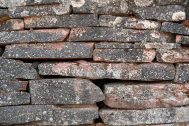 Büyüyen bir liken ile kaplı pembe kum taşından yapılmış eski bir kaya duvarının arka plan dokusu veya deseni