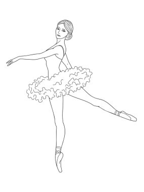 Balerinin el çizimi çizimi. Beyaz arkaplanda siyah beyaz resimler.