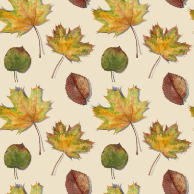Hand drawn watercolor illustration. Seamless pattern with autumn leaves