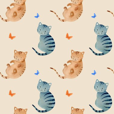 Hand drawn watercolor illustration. Seamless pattern  with red and grey cats.