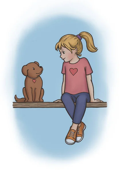 Hand Drawn Cute Illustration Girl Dog — Zdjęcie stockowe