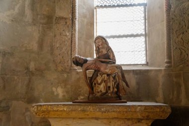 Quedlinburg, Saxony-Anhalt, Germany, 29 October 2022: Stiftskirche St. Servatius church, old Abbey masterpieces of Romanesque architecture, three-nave basilica, columns, symbols of animals and plants