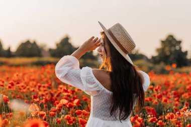 Kısa beyaz elbiseli ve saman şapkalı güzel bir kadın akşamları gelinciklerle birlikte tarlada ve elinde haşhaş, yaz kırsal doğa çiçekleri, kadın dinlendirici, kırsal basit hayat