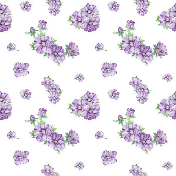 Watercolor Hand Drawn Seamless Pattern Purple Anemones Green Leaves Isolated — Stock Photo, Image