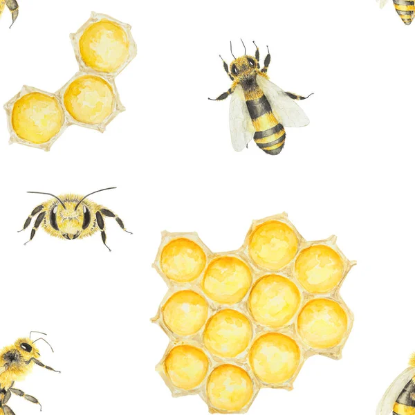 Watercolor Pattern Honey Bees Hand Drawn Isolated White Background Great — Stock Photo, Image
