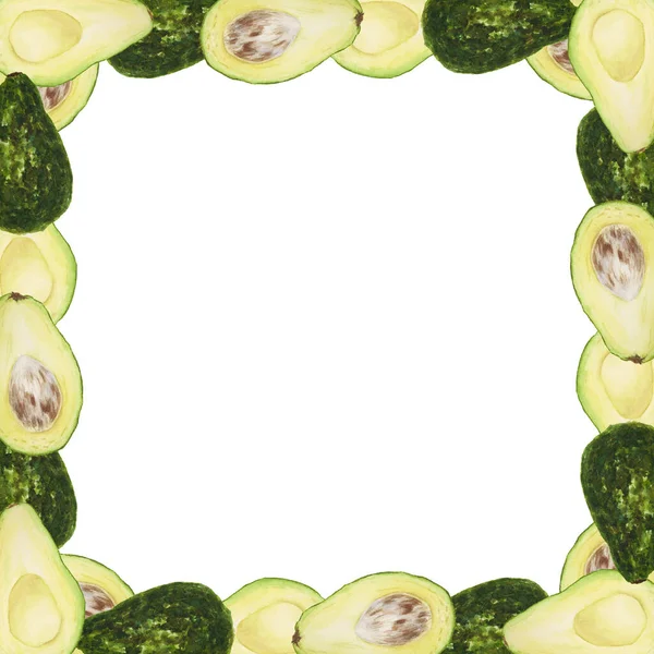Frame Avocado Leaves Flowers Watercolor Hand Drawn Realistic Illustration Green — Stock Photo, Image