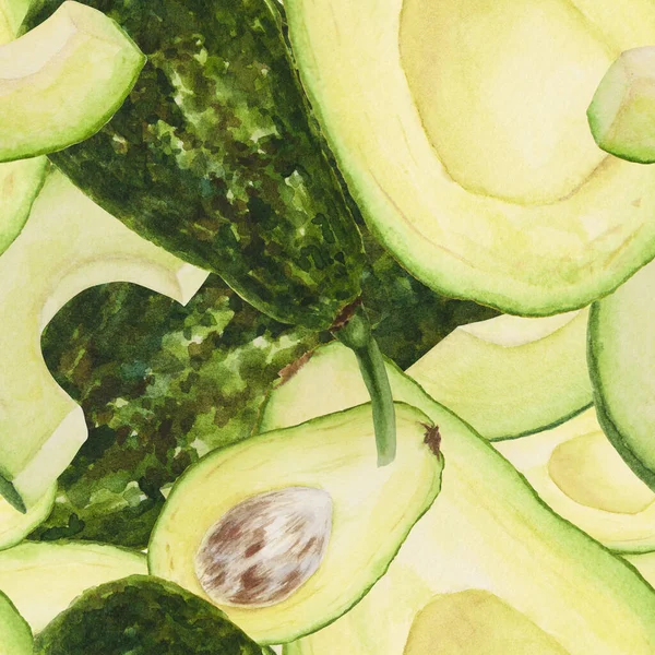 葉や花とアボカドのシームレスなパターンは 現実的なイラストを描いた水彩手 サラダ ソース グアカモーレ スムージー成分の緑と新鮮な芸術 メニュー カード 紙のために — ストック写真