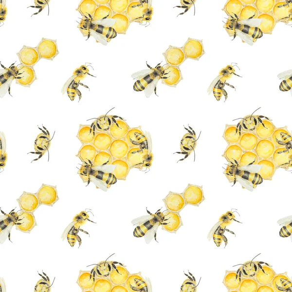 Bal Arıların Suluboya Desenleri Beyaz Arka Planda Çizimi Izole Edilmiş — Stok fotoğraf