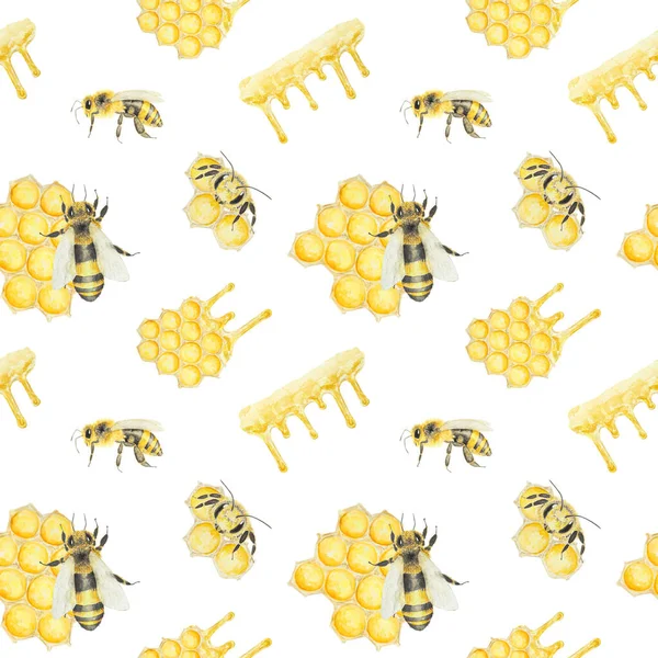 Aquarellmuster Von Honig Und Bienen Handgezeichnet Und Isoliert Auf Weißem — Stockfoto