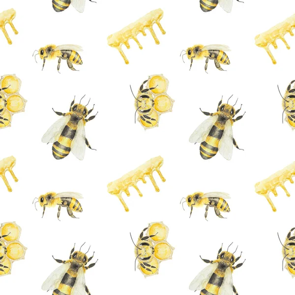 蜂蜜和蜜蜂的水彩图案 手绘并隔离在白色背景上 适用于面料 明信片 邀请函 化妆品 烹调书籍等的印刷 — 图库照片