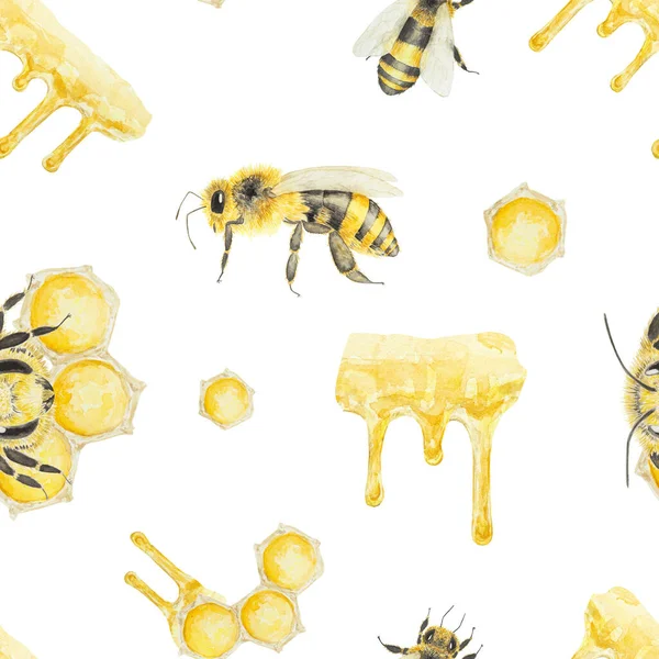 蜂蜜とミツバチの水彩パターン 白地に手描きで孤立 ポストカード 招待状 メニュー 化粧品 料理本などの印刷に最適です — ストック写真
