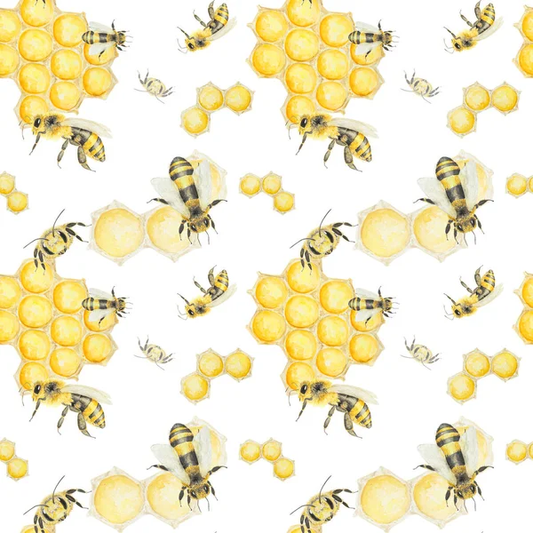Watercolor Pattern Honey Bees Hand Drawn Isolated White Background Great — Stock Photo, Image