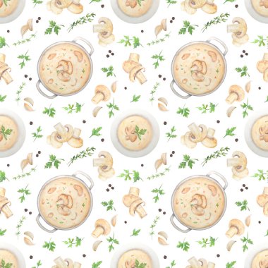 Şampiyonların suluboya desenleri ve yeşil maydanoz yaprakları, sarımsak, biber, tabak ve mantar çorbası. Beyaz bir arka planda suluboya ile elle çizilmiş çerçeve. Kumaşa baskı yapmak için harika