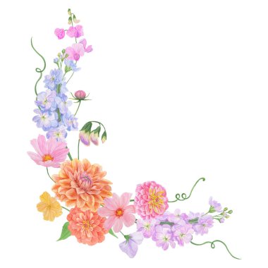 Yazın ve sonbaharın suluboya renkli çiçekleri: yıldız çiçeği, zinya, latilus, gillyflower ve nasturtiyum. Düğün malzemeleri, gazete, davetiyeler, selamlar, kumaşlar, posterler için iyidir.