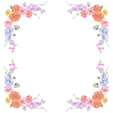 Yazın ve sonbaharın suluboya renkli çiçekleri: yıldız çiçeği, zinya, latilus, gillyflower ve nasturtiyum. Düğün malzemeleri, gazete, davetiyeler, selamlar, kumaşlar, posterler için iyidir.