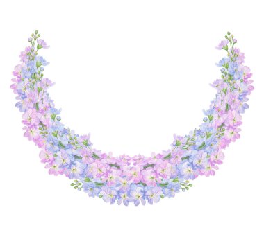 Suluboya botanik renk çerçeveli preety bahçe çiçekleri: mavi ve leylak gillyflower ve pembe lathyrus Düğün baskısı ürünleri, kağıt, davetiyeler, selamlar, kumaş, posterler, tekstil