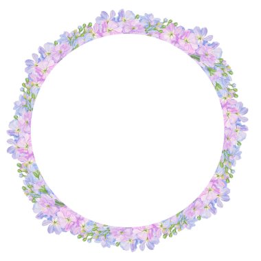 Suluboya botanik renk çerçeveli preety bahçe çiçekleri: mavi ve leylak gillyflower ve pembe lathyrus Düğün baskısı ürünleri, kağıt, davetiyeler, selamlar, kumaş, posterler, tekstil