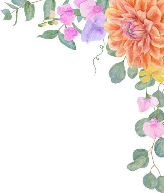 Yaz ve sonbahar çiçeklerinin suluboya renkli çerçeveleri: yıldız çiçeği, zinya, latilus, gillyflower ve nasturtium, nane yeşili okaliptüs dalları. Düğün baskısı ürünleri için iyi, kağıt.