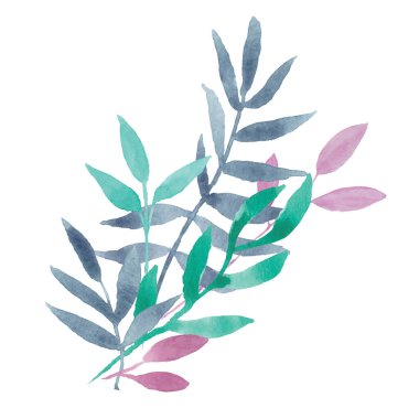 El yapımı suluboya okaliptüs veya renkli yapraklı palmiye dalları: mor, nane, lacivert. Parmak izi tasarımı, düğün davetiyeleri, tebrik kartları, posterler, paketleme için iyi