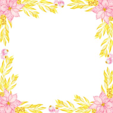 Pembe noktalı, yeni yıl sarı çanlar ve dallar. Suluboya köşeli çerçeve, Noel yıldızıyla el çizimi sanat. Bayram dönemi baskıları, tebrik kartları, afişler için kış sembolü