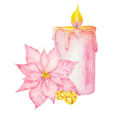 Pembe yanan mum. El çizimi suluboya çizimi. Etkinlik için iyi, Noel ve Mutlu Yıllar baskıları ve dekorasyonlar, davetiyeler, kartlar, düğün tasarımları. Romantik iç mekan elementi