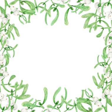 Yuvarlak çerçeve, ökseotu çelengi yapraklı ve beyaz böğürtlenli. Suluboya el, Noel sembolünün botanik çizimi. Kış baskıları, selamlar, davetiyeler için tırman.