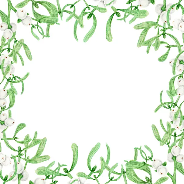 Round frame, wreath of Mistletoe evergreen branches with leaves and white berries. Watercolor hand drawn botanical illustration of Christmas symbol. Clipart for winter prints, greetings, invitations.