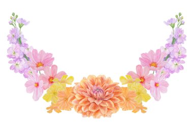 Yaz ve sonbahar çiçeklerinin suluboya renkli çerçeveleri: yıldız çiçeği, latilus, gillyflower, nasturtium, kozmos. Düğün malzemeleri, kağıt, davetiye, tebrik kumaşı, posterler için iyidir.