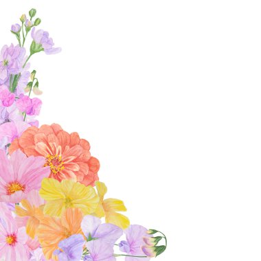 Yaz ve sonbahar çiçeklerinin suluboya renkli çerçeveleri: yıldız çiçeği, latilus, gillyflower, nasturtium, kozmos. Düğün malzemeleri, kağıt, davetiye, tebrik kumaşı, posterler için iyidir.