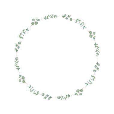 Nane yeşili okaliptüs dallarından suluboya çerçeve. Düğün davetiyeleri, çiçekçiler, güzellik salonları için el çizimi resimler. Selamlar, baskılar, labirentler, posterler için kesme sanatı